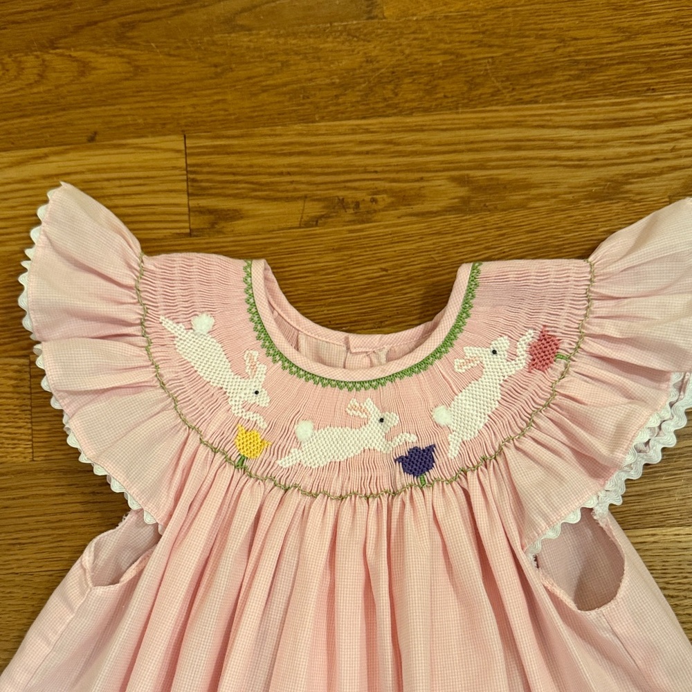 Pink Smocked Bunny Ruffle Collar Kids Casual Dress